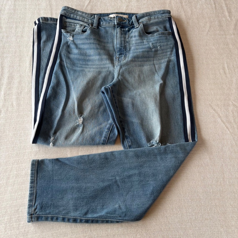 Eunina Super High Rise Mom Jeans Distressed Side Stripe Ankle Denim Blue Size 9